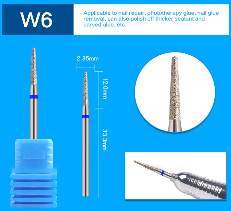 1 шт. новые алмазные электрические вращающиеся сверла для ногтей роторные фрезы сверлильный станок аксессуары пилочка для ногтей кутикулы резак наконечники - Цвет: W6