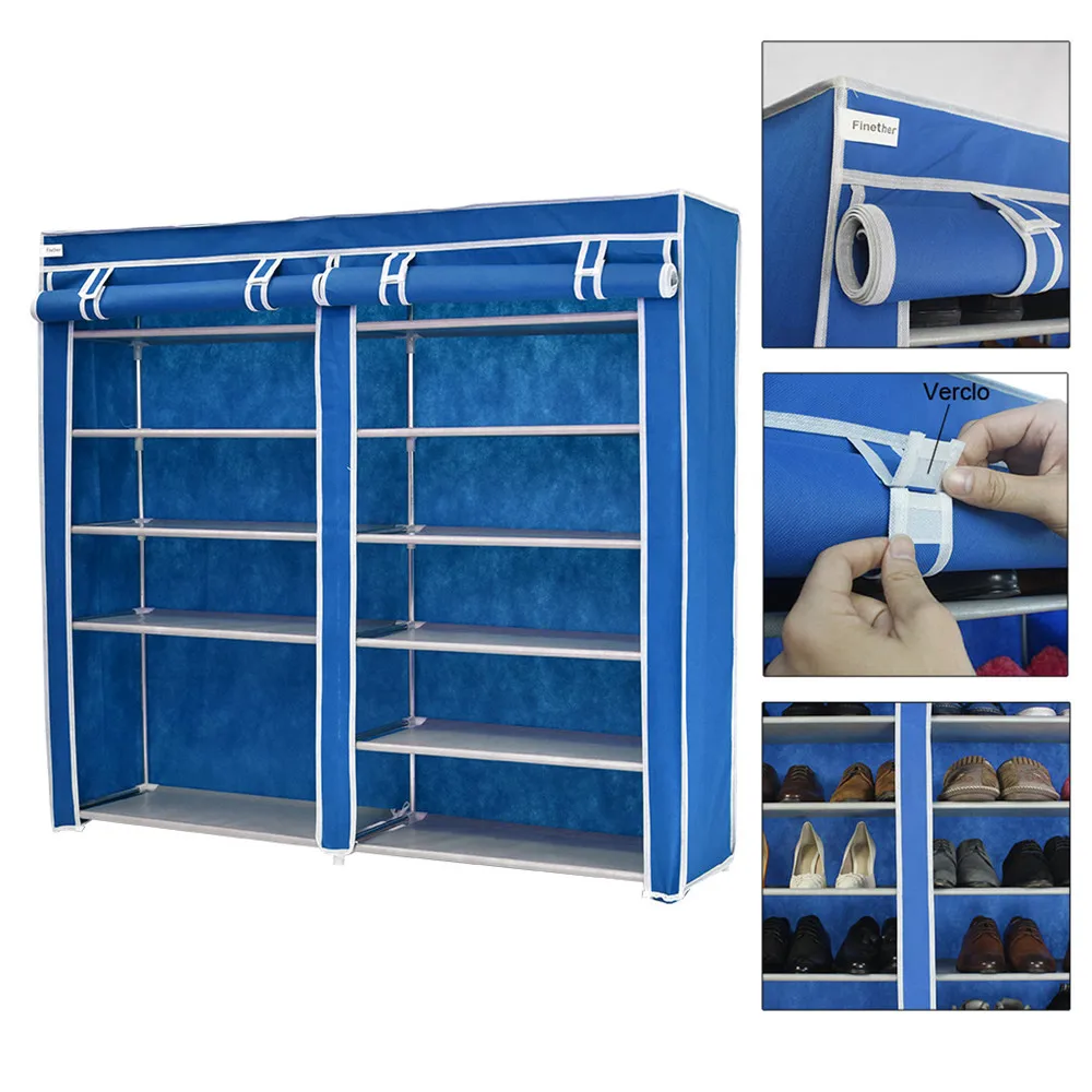 Finether Double Non-Woven Fabric Shoe Rack,Canvas Shoes Storage Shoes Rack Stand Shelf Shoes Organizer Storage-Blue1