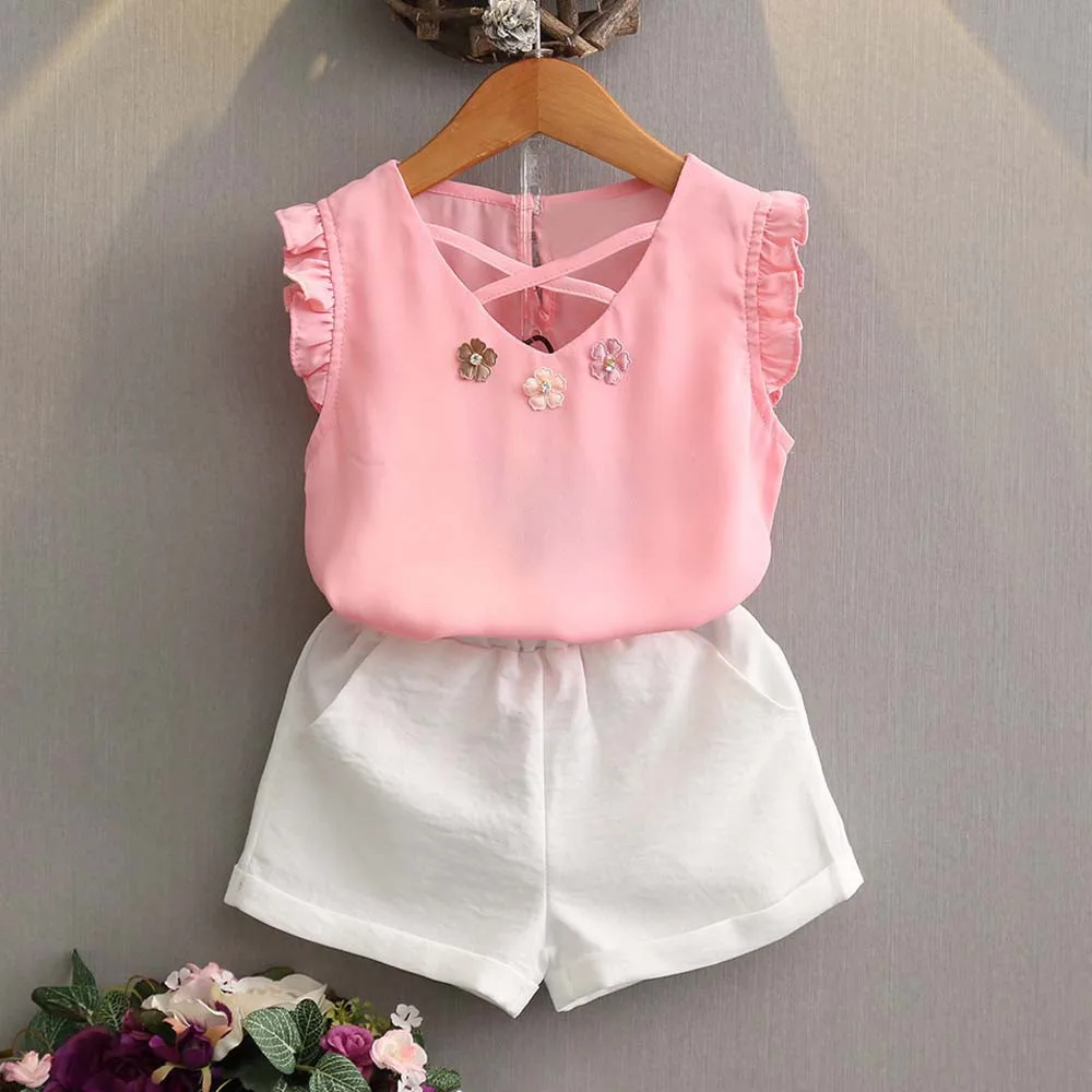 

2PCS Toddler Baby Clothing Kids Girl Outfit Clothes set Floral Chiffon Vest T-Shirt+Shorts Pants Set Roupa Infantil *7822