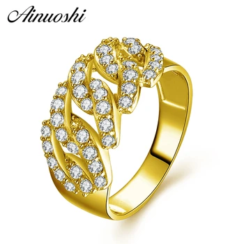 

AINUOSHI Real 14K Gold 4 Leaves Ring Solid Yellow Gold Shinning Sona Diamond Wedding Engagement Cluster Ring for Women Jewelry