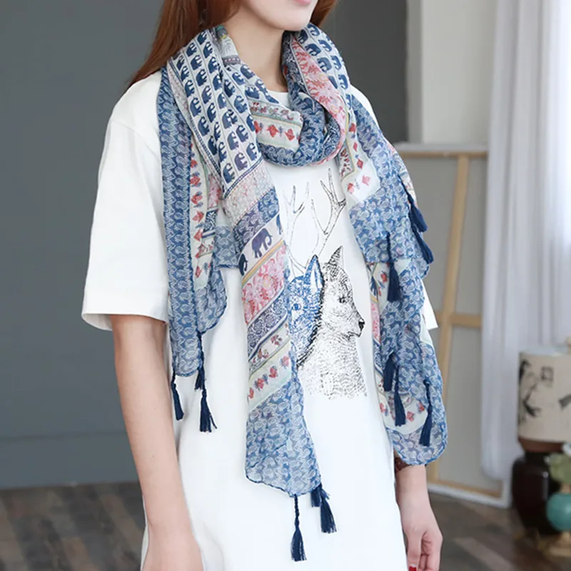 

New Large Soft Viscose Scarf with Tassels Floral Little Elepant Print for Women Bohemian Style Summer Beach Sunscreen Scarf S015
