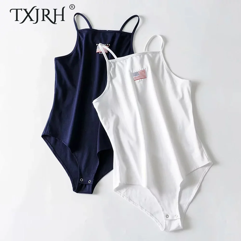 

TXJRH Sexy Flag Letter Print Slim Backless fit Romper Body Siamese Bodysuit Spaghetti Strap Skinny Tight Undershirt 2 Colors