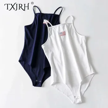 

TXJRH Sexy Flag Letter Print Slim Backless fit Romper Body Siamese Bodysuit Spaghetti Strap Skinny Tight Undershirt 2 Colors