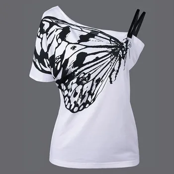 

Jocoo Jolee Women Fashion One Shoulder T Shirts Casual Butterfly Print Short Sleeve BLouses Female Tops Oversized Tunic Blusas