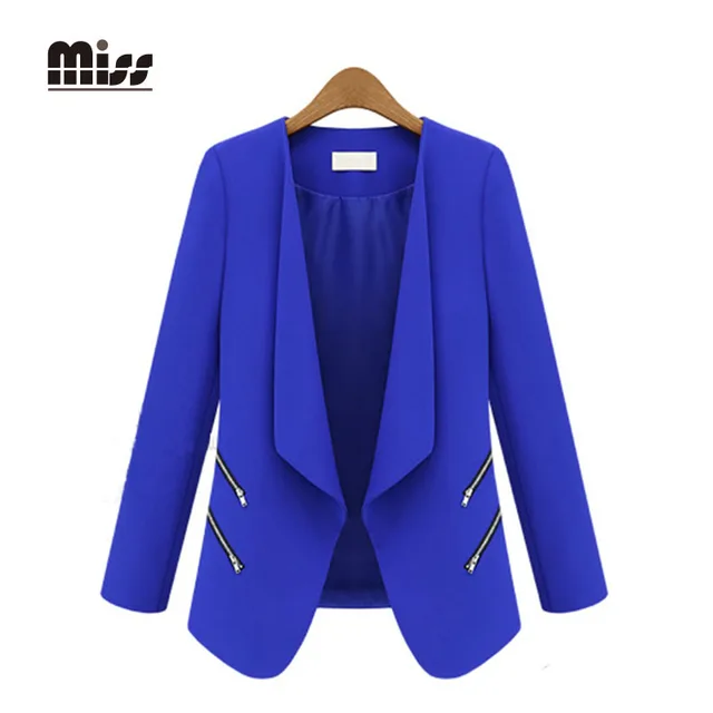 MISS 2016 Spring Women Royal Blue Thin Solid Slim Jacket Zipper Turn