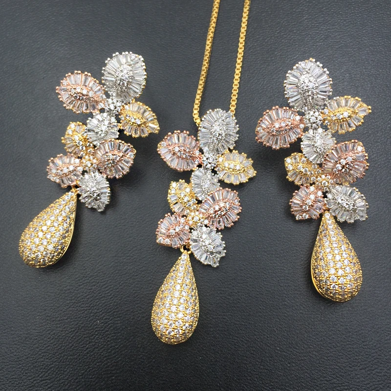 

LanRuiSha Jewelry Set Luxury Delicate Flowers Drop Full Zircon Micro Plated Necklace with Earrings Wedding Pop Bridal Best Gifts
