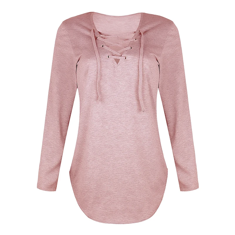 Women Deep V Neck Long Sleeve T-shirts Autumn Winter Solid Color Rope Casual Tops Sexy Tee Shirts Women Lace Up Tops