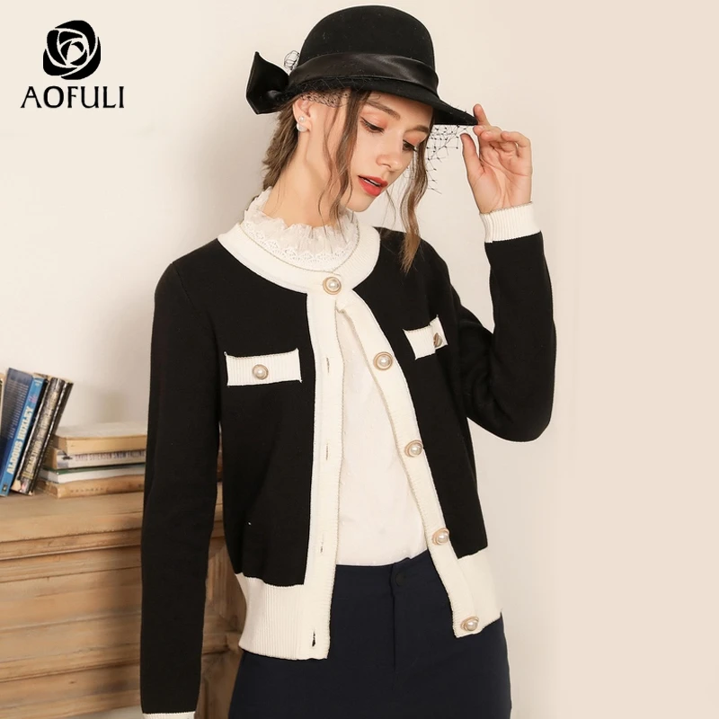 AOFULI L ~ 3xl 4xl 5xl брендовая черная трикотажная куртка женские хлопковые короткие