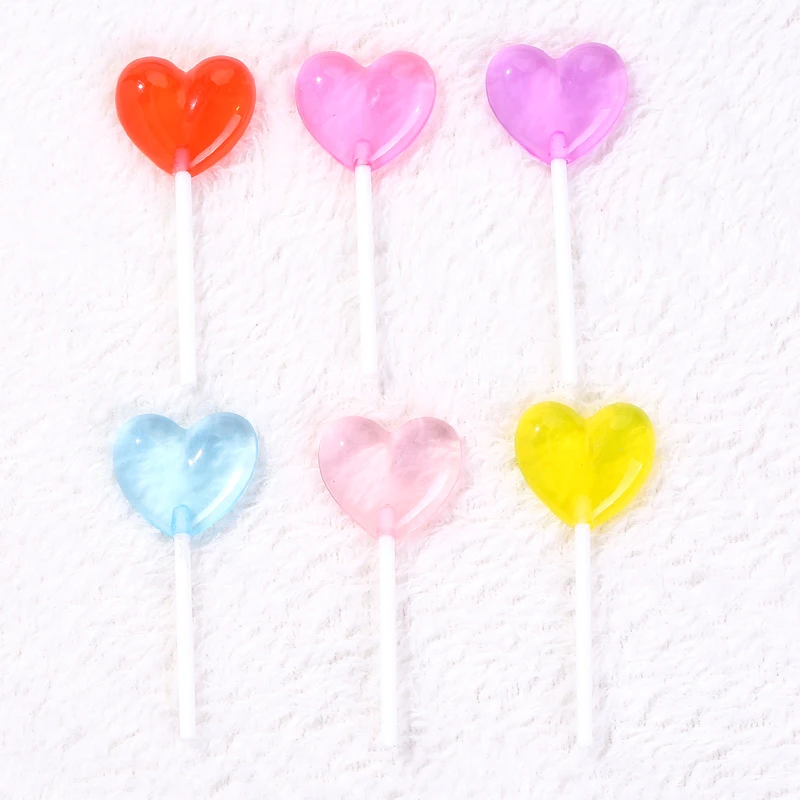 

8pcs/lot 70*29mm Heart Lollipop Faux Candy Flatback Resin Cabochons Multicolor