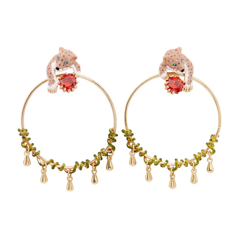 

Paris New Jewelry Enamel Glaze Tropical Jungle Series Pink Gold Leopard Women Stud Earrings