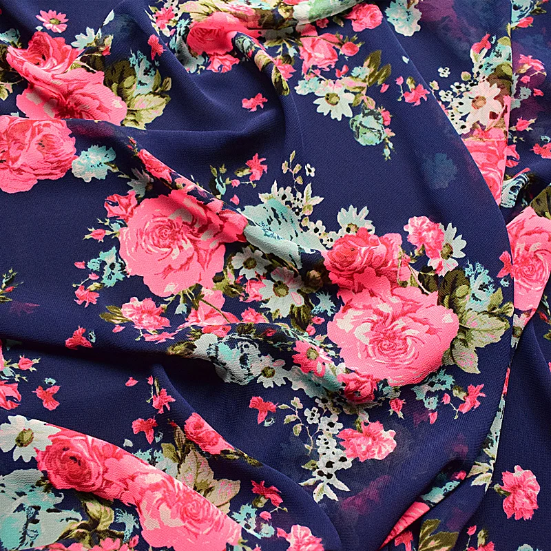 

2019 high twist chiffon summer printed fabric floral red dazzle fancy dress