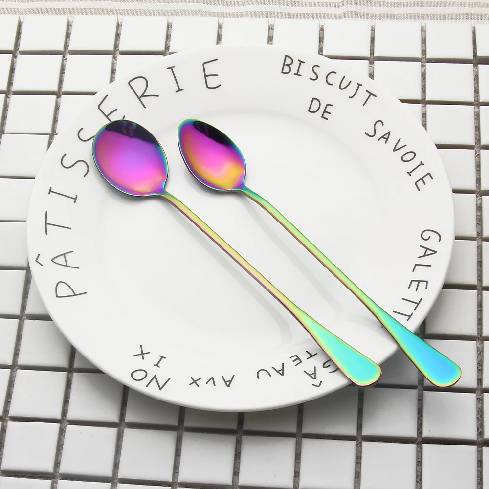 

lekoch Stainless Steel Rainbow Sharp and Round Head Coffee Scoop Mixing Scoop Set Cold Drink Fruit Long Ice Scoop For Gift