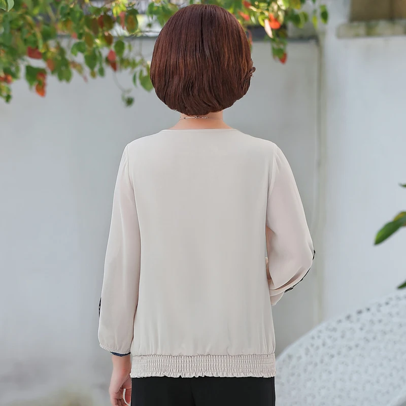 Summer Woman Chic Chiffon Blouses Beige White Round Collar Floral Three Quarter Sleeve Crepe Tops Female Casual Tunic Shirts 4XL Summer Woman Chic Chiffon Blouses Beige White Round Collar Floral Three Quarter Sleeve Crepe Tops Female Casual Tunic Shirts 4XL