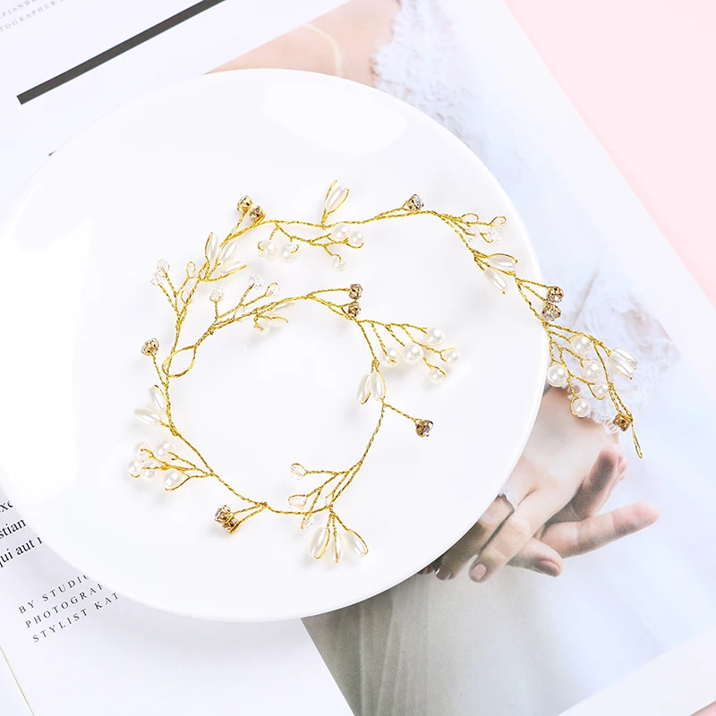1 Pc 35cm Gold Pearl Rhinestone Headbands Fashion Elegant Wedding Hair Vine Bridal Jewelry Accessories For Women Hot