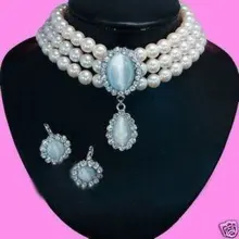 Красивая 3 ряда жемчуг голубой опал серьги ожерелья устанавливает Набор Прекрасный Дворянство Изысканные Свадебные Украшения Лаки женская