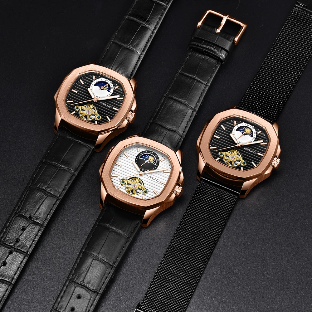 Najtaniej MCE człowiek zegarek mechaniczny zegarek dla mężczyzn moda automatyczny zegarek mężczyźni fazy księżyca plac skóra zegarki kwarcowe Tourbillon zegarek na rękę zegar