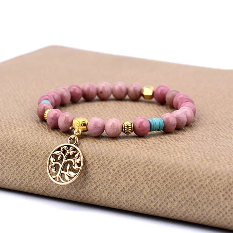 6MM Yoga Bracelets Natural Stones Tree Charm Bead Bracelets Elastic