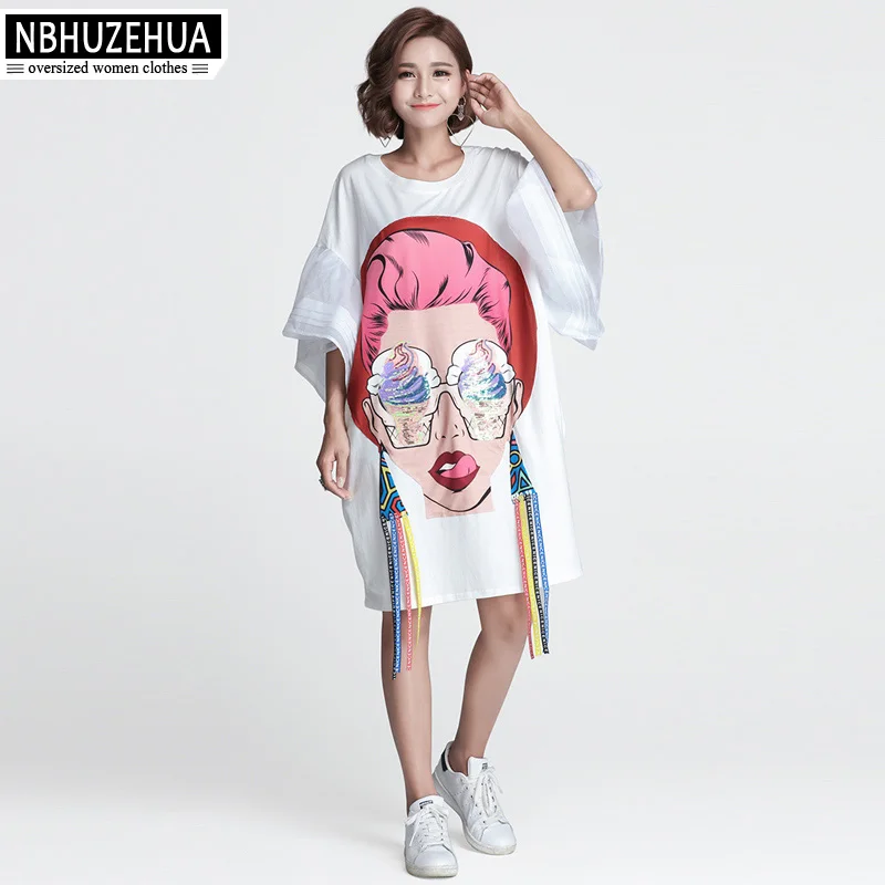 

NBHUZEHUA 7G563 Plus Size Dress Women Lace Patchwork White T Shirt Dress European Style Print Casual Dress 4XL 5XL 6XL 7XL