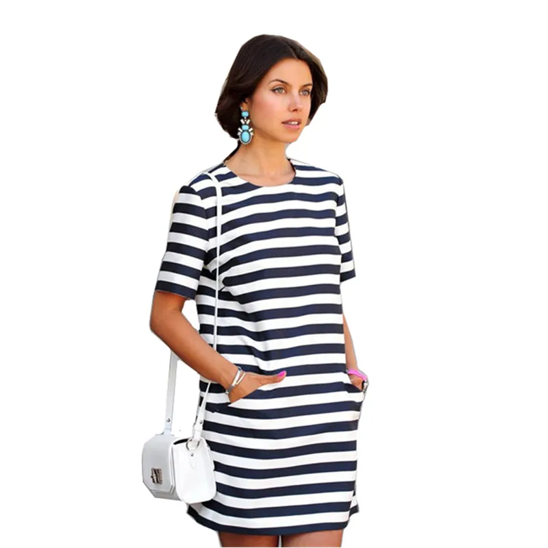 2017 verão mulheres listrado preto e branco Uma Linha com vestidos das meninas das senhoras vestido de manga curta casual camisa bolso