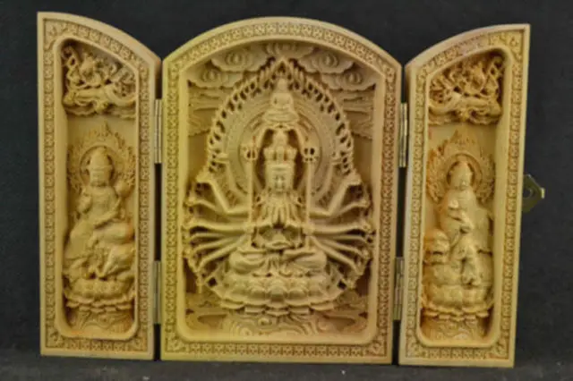 

Handwork Carved Boxwood Avalokitesvara Statue Chinese Calligraphy Box