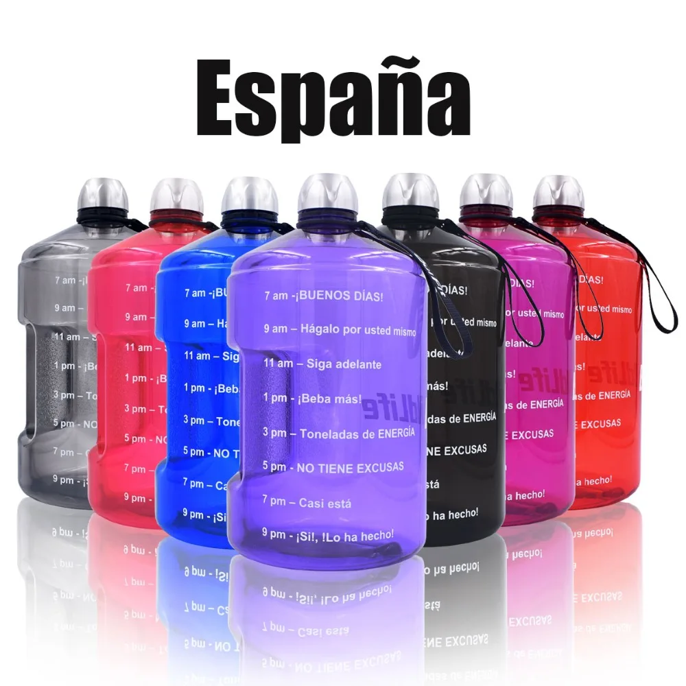 

Spanish Version BuildLife 1 Gallon Water Bottle with Time Marker 3.78L 128OZ BPA Free Plastic Large Capacity water jug Espanol