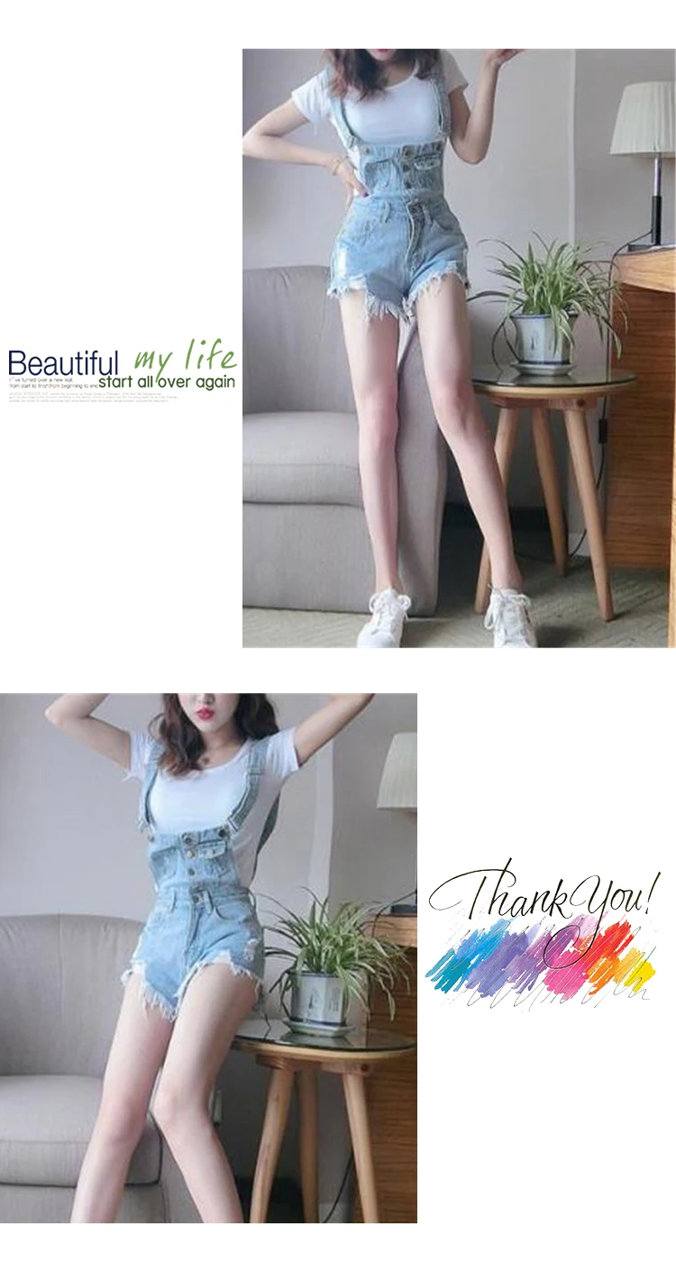 New spring hot jeans suspenders low-waisted cut holes in the Korean version of fashion suspenders shorts women (4)