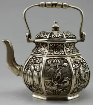 

COLLECTIBLE DECORATED OLD SILVER COPPER CARVED FLOWER BIRD FISH FRUIT TEA POT