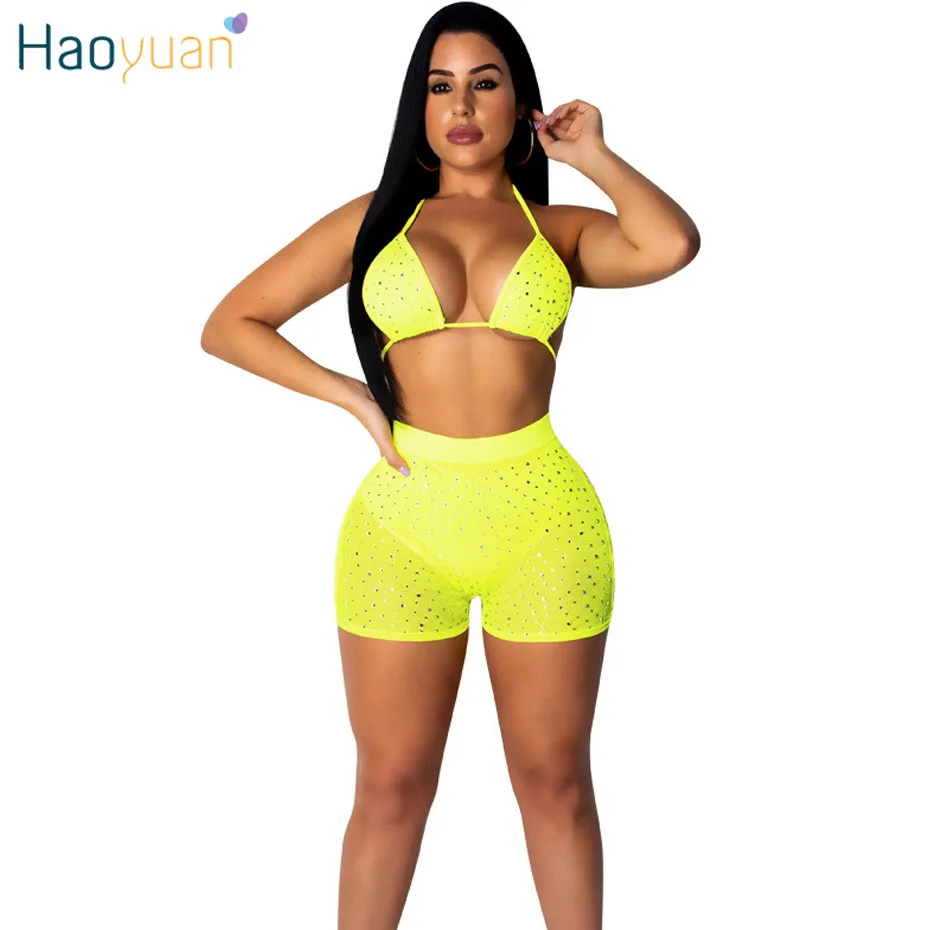 

HAOYUAN Mesh Sequin 2 Two Piece Set Women Summer Beach Sexy Tankini Swimwear Bra Top+Biker Shorts Club Outfits Matching Sets