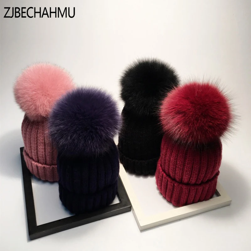 Модная новинка, настоящие норковые помпоны из лисьего меха, 15 см, Skullies Beanies, шапки для женщин и девочек, зимние теплые шапки, Детские Skullies Beanies, шапка