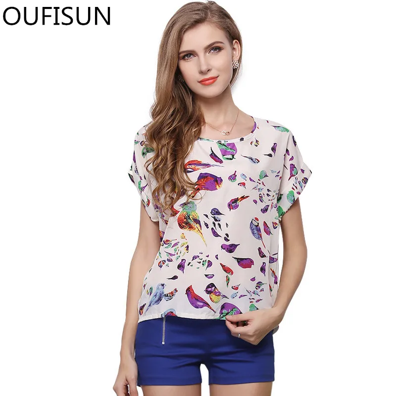 

Oufisun 2019 Summer New Print Womens Clothes Fashion Casual O-neck Loose Blouses Elegant Short Sleeve Chiffon Shirts Ladies Tops