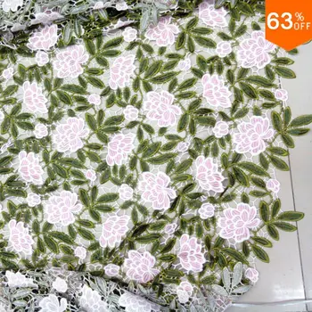 

many color laces pink flower green leaf embroidery fabric new guipure cord lace complex embroidery lace guipure fabric latest