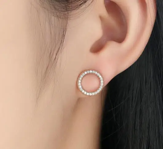 

Genuine 100% 925 Sterling Silver rose gold color fashion women geometric circle cz stud earring for girl