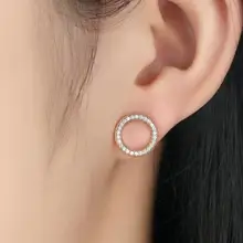 Подлинная стерлингового серебра 925 пробы розовое золото цвет модные женские Геометрические круг серьги-гвоздики из кубического циркония для девочек