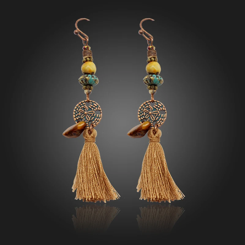 

Retro Bohemia Dangle Drop Earrings Long Silk thread Suero Tassel Coloured Stone pendant Earrings Holiday For Women Brincos Gift