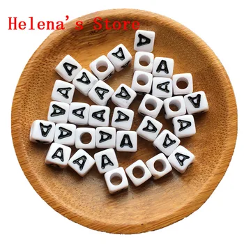 

Free Shipping 200pcs/bag 7*7MM Single Letter A Beads White with Black Printing 3D Cube Square Plastic Alphabet Initial Beads