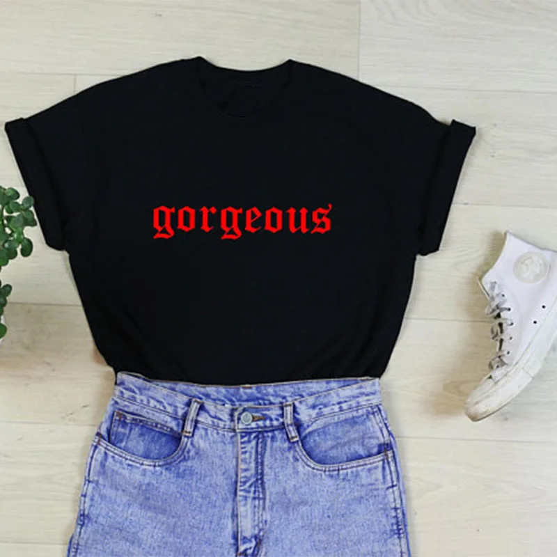 

T Shirt Gothic Style Fashion Tee Shirt Tops Punk Gorgeous Lettering Print Tees Women XS-3XL Plus Size T-shirt Black White Tshirt