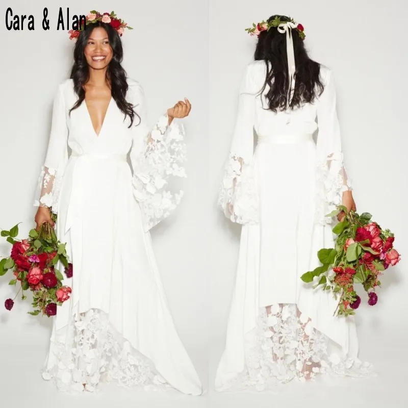 Коллекция 2019 года, богемское свадебное платье с длинными рукавами, глубоким v-образным вырезом, длиной до пола, летние хиппи, свадебные