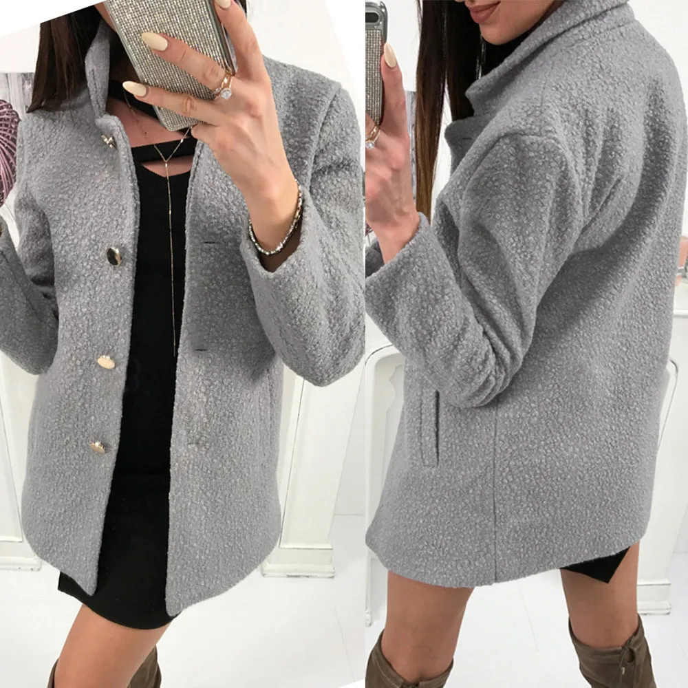 YOUYEDIAN Women Winter Solid Single-breasted Notched Fluffy Pocket Jacket Outwear Coat