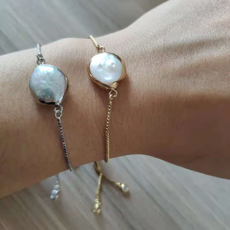 

big natural freshwater pearl bead with gold silver frame link chain rubber adjustable chic bracelets for women wedding jewelry