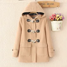 Дафлкот длинную очередь Подпушка роговыми пуговицами и капюшоном воротником шерстяное пальто широкий талией манто роковой уличная одежда зимние куртки 6