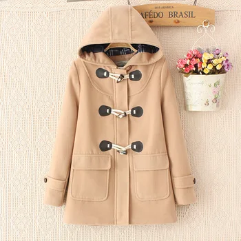 

Duffle Coat Long Turn Down Horn Button hooded collar long woolen women's jacket college wind winter windproof warm coat women