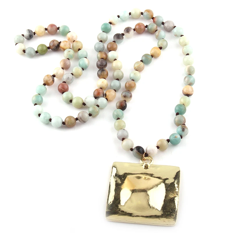 

Fashion Bohemian Tribal Jewelry Stone Knotte long Knotted Metal Pendant Necklace