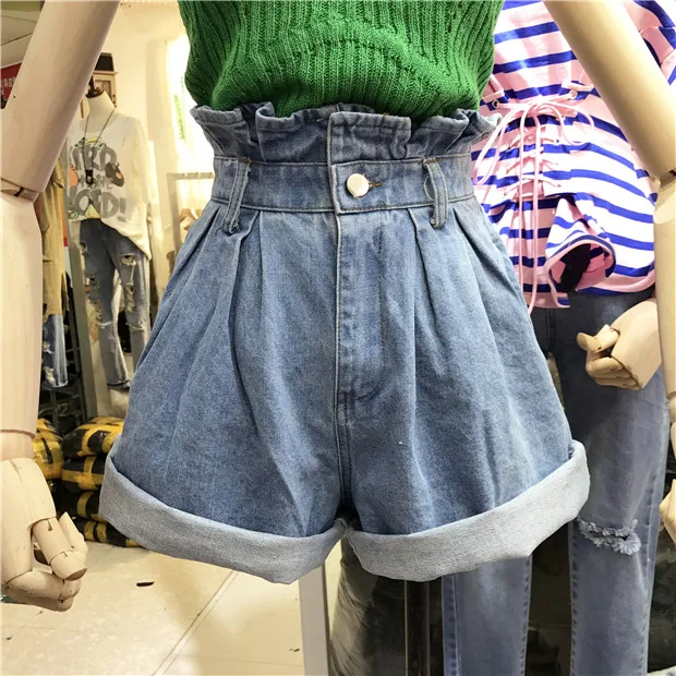 Новые женские шорты, летние корейские джинсовые шорты с высокой талией, свободные, шикарные, гофрированные, широкие, джинсовые шорты для женщин - Цвет: Blue