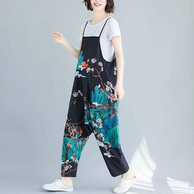 

2019 summer new art positioning printing personality bib pants large size women's loose fat MM nine pants women