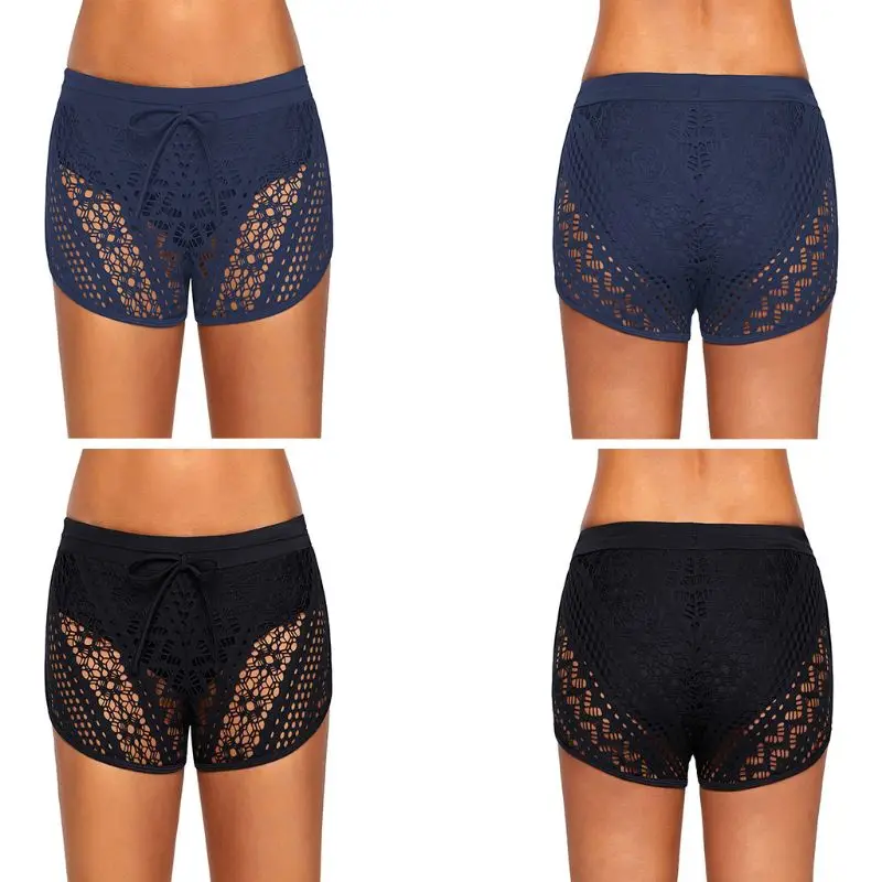 

Womens Summer Swim Boardshorts Low Waist Drawstring Waistband Bikini Bottoms Hollow Out Crochet Floral Lace Solid Boyshorts With