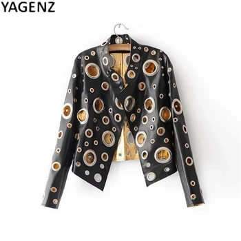 

Women Black Rivets Circle Locomotive Faux PU Leather Jacket Coat 2020 Spring Autumn Bomber Motorcycle Cool Outerwear Tops