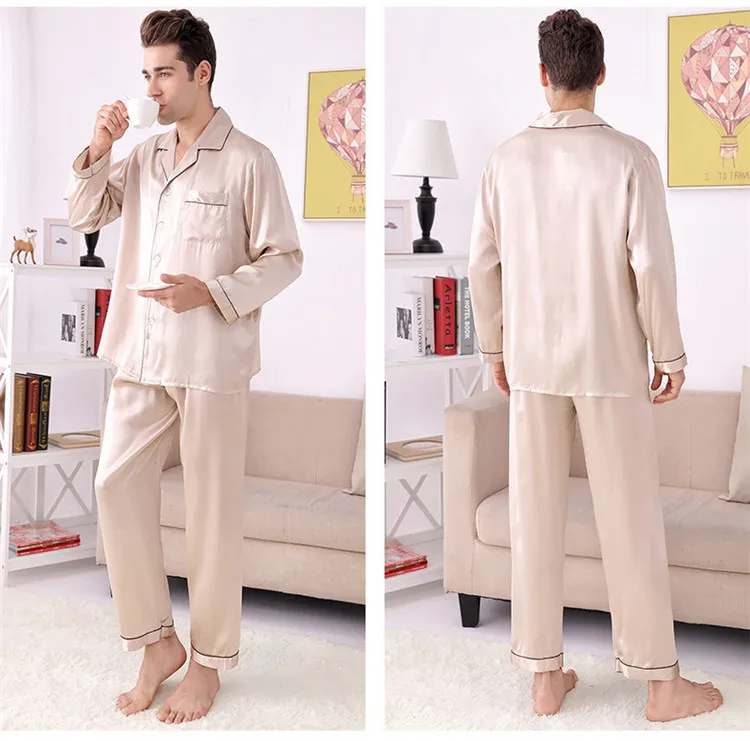 Бренд натуральный шелк мужские пижамы высокого качества с длинными рукавами 2 шт. пижамы брюки наборы мужской шелк тутового шелка Мужская пижама