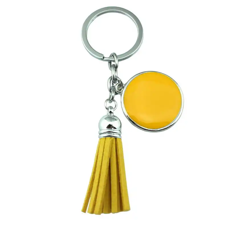 Персонализированная эмалированная монограмма круглый диск заготовки брелок бархатная кисточка Выгравированный автомобильный брелок модные очаровательные ювелирные изделия - Цвет: Silver Mustard