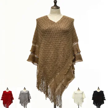 

2017 New arrival Knitted Shawl V-Neck Ruffled tassl Ponchos Autumn winter high grade Acrylic soft warm shawls Free shipping