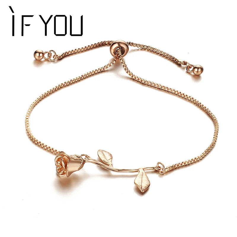 

IF YOU Trendy Adjustable Rose Flower Bracelet For Women Charm Vintage Style Chain & Link Bracelets Wedding Chain Jewelry Gift